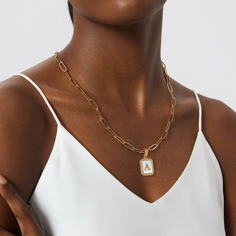 Minimalist Letter Square Titanium Steel Plating Inlay Shell Pendant Necklace 1 Piece