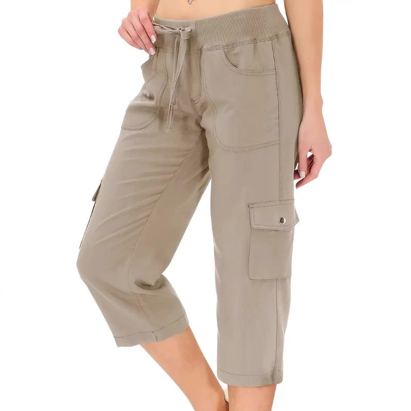 🌿Women's Solid Color High-Waist Drawstring 3/4-Length Cargo Pants