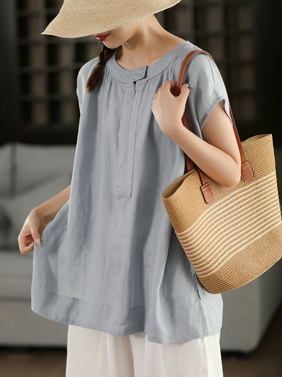 Women Summer Vintage Pure Color O-neck 100%Linen Shirt