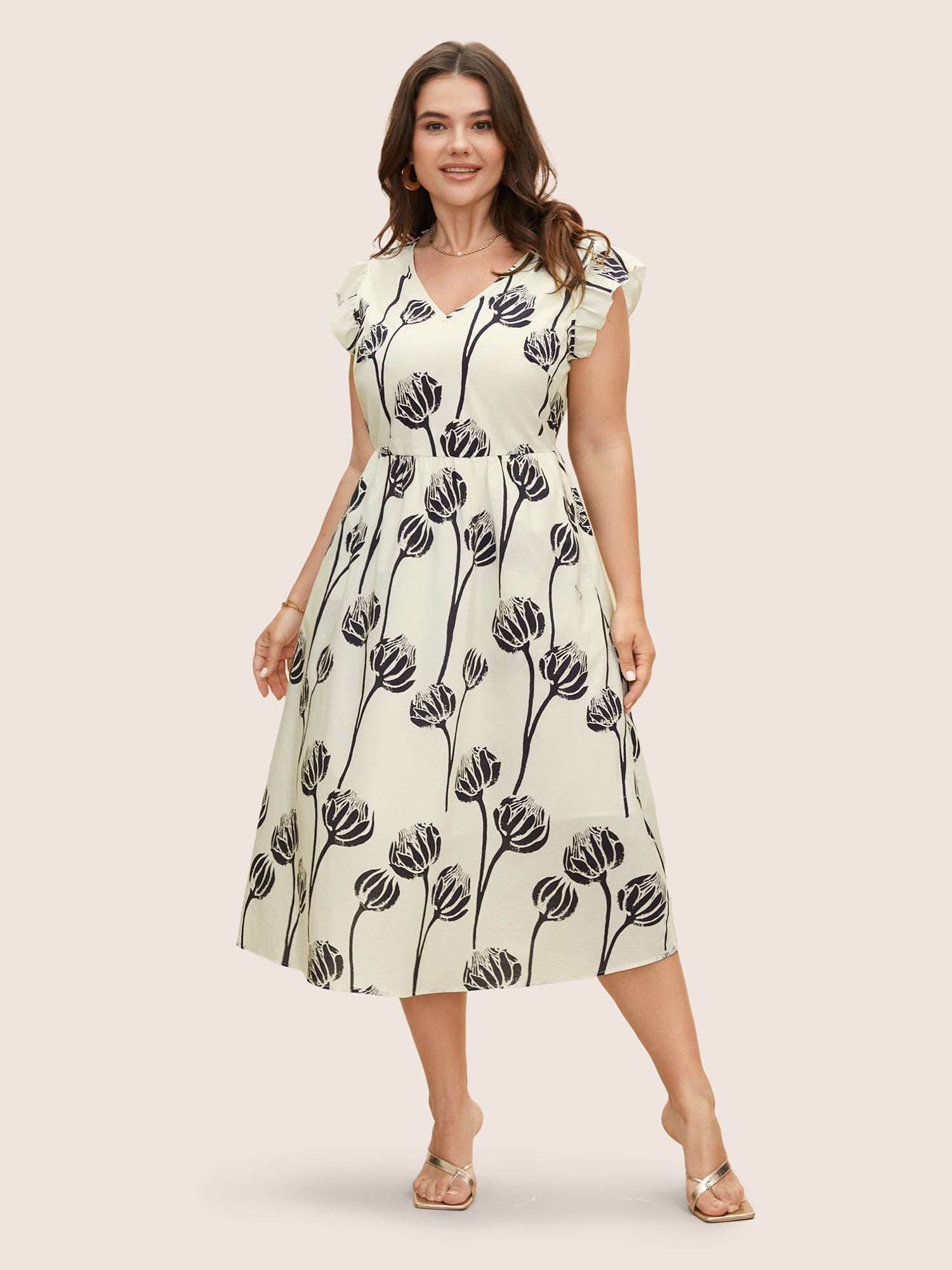 V Neck Floral Print Ruffle Cap Sleeve Dress