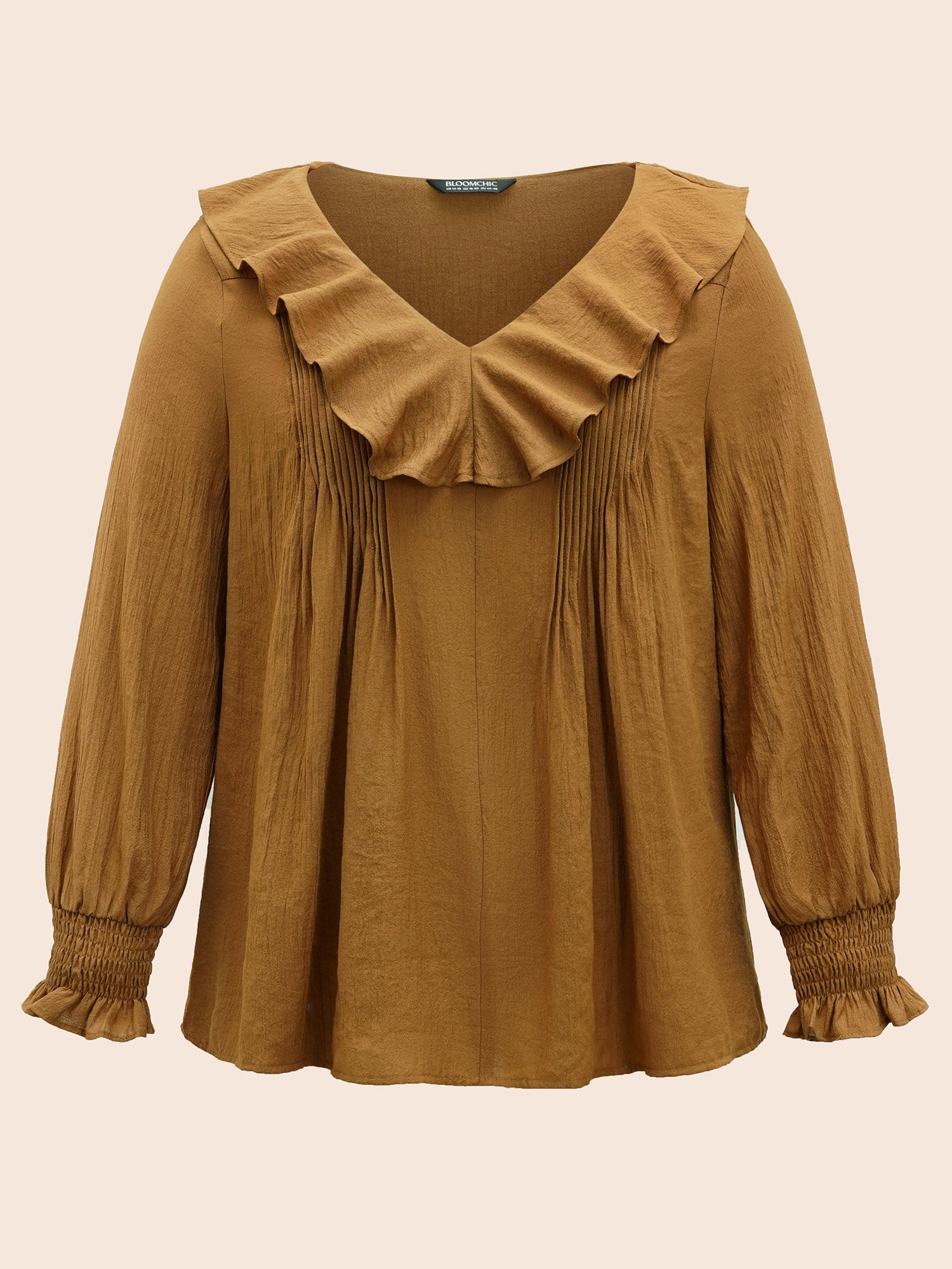 Solid Texture Pleated Ruffle Trim Blouse