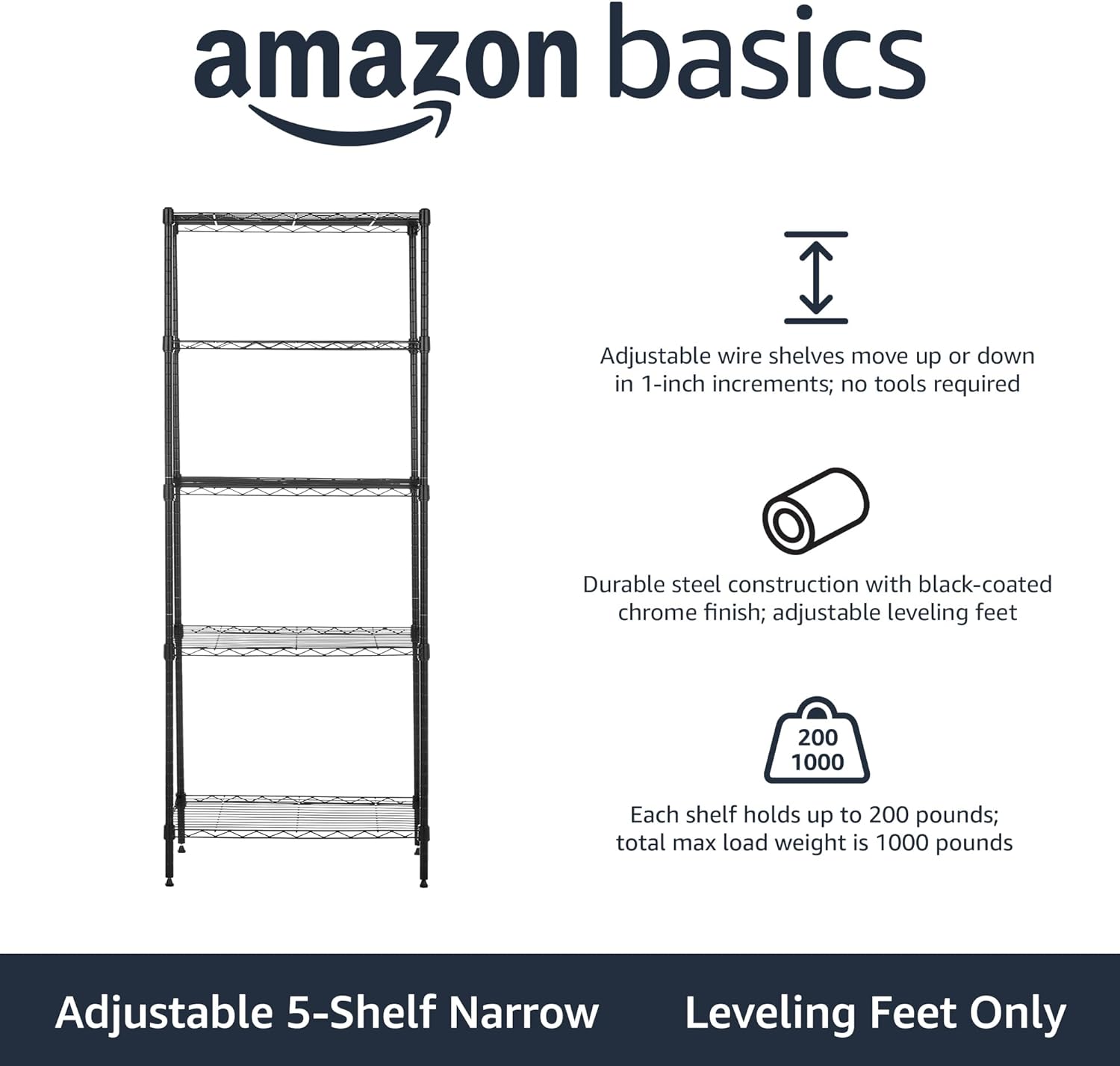 Amazon Basics 4-Shelf Steel Wire Storage Rack, Adjustable, Sturdy, Easy Assembly, 13.4 D x 23.2 W x 48 H in, Black
