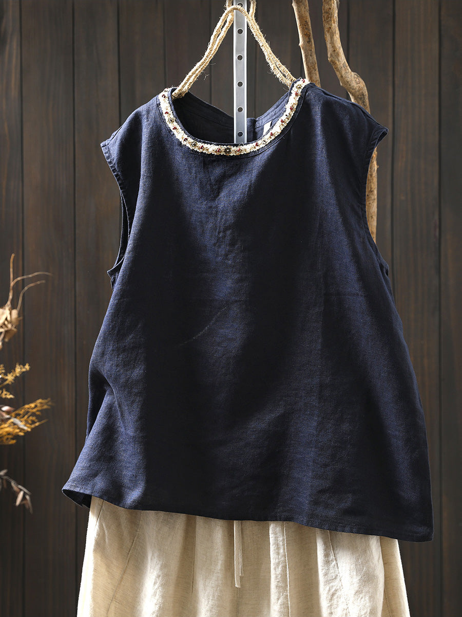 Women Summer Artsy Pure Color 100%Linen Spliced O-Neck Shirt