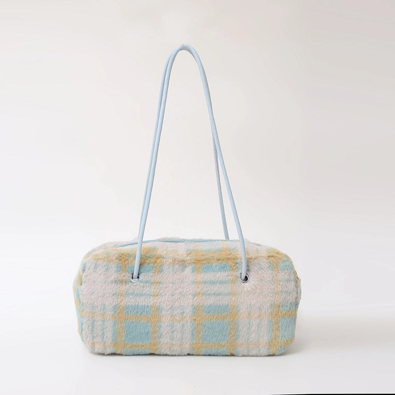 Women's Fur Lattice Plaid Streetwear Pillow Shape Zipper Underarm Bag