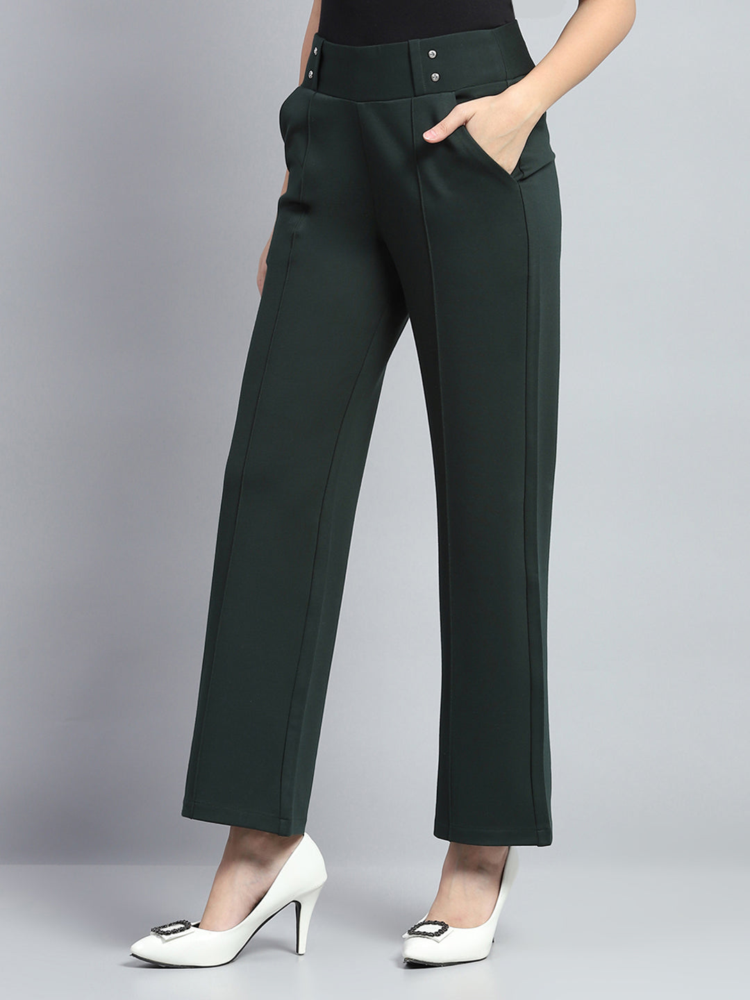 Women Bottle Green Solid Regular Fit Trouser