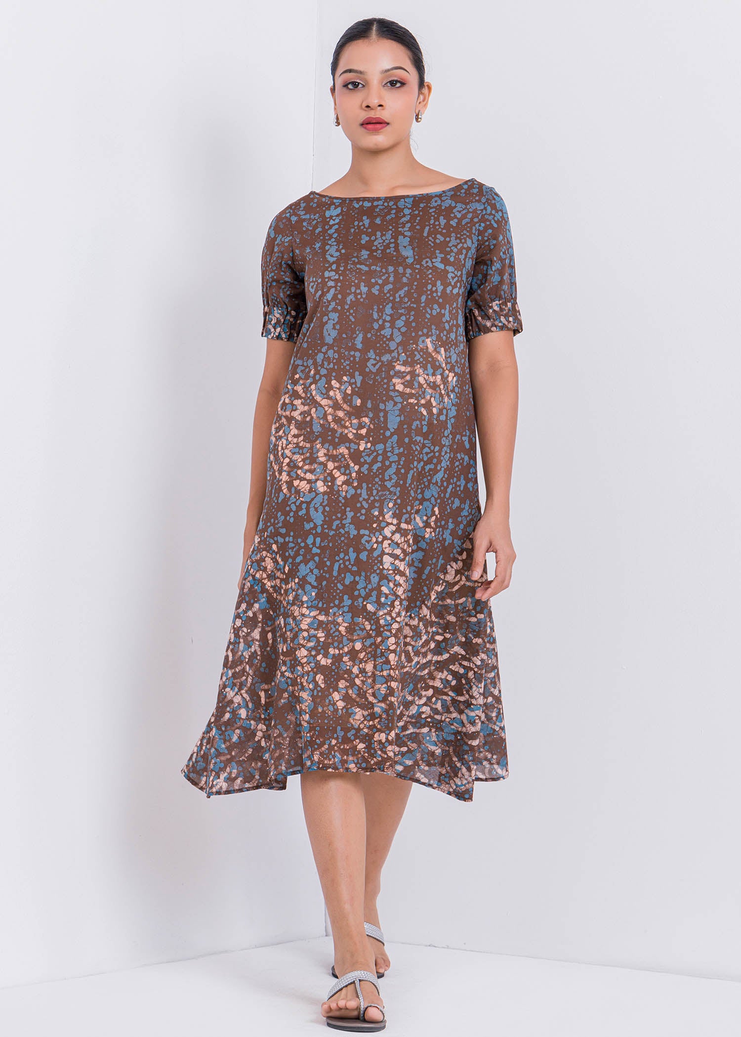 Batik Puff Sleeved Round Neck Dress