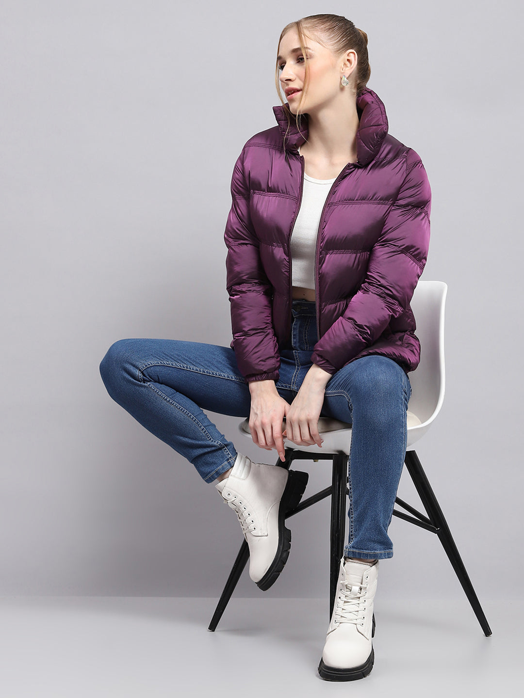 Women Purple Solid High Neck Full Sleeve Jacket