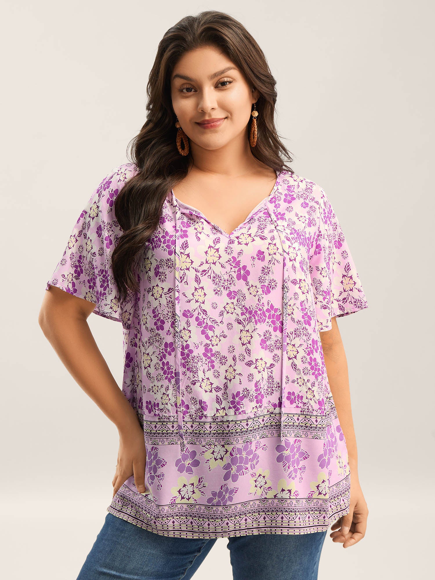 Floral Print Neck Tie Flowy Blouse