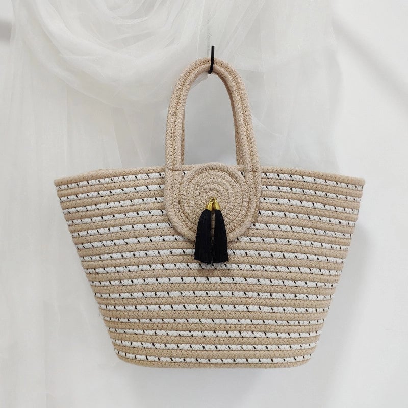 Women's Large Cotton Stripe Vacation Classic Style Weave Bucket Open Beach Bag