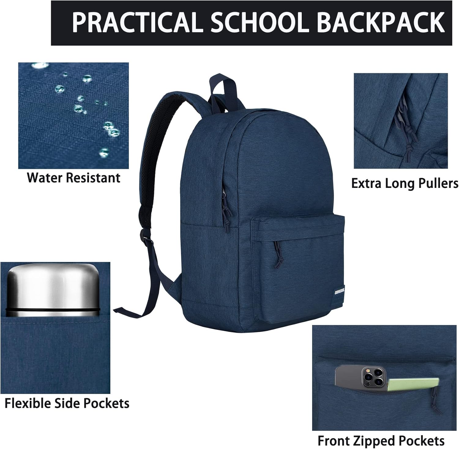 SUPACOOL Casual Laptop Backpack for Men and Women, School Backpack for Boys and Girls, College Bookbag, USB Charging Port, Lightweight Back Pack(Black)