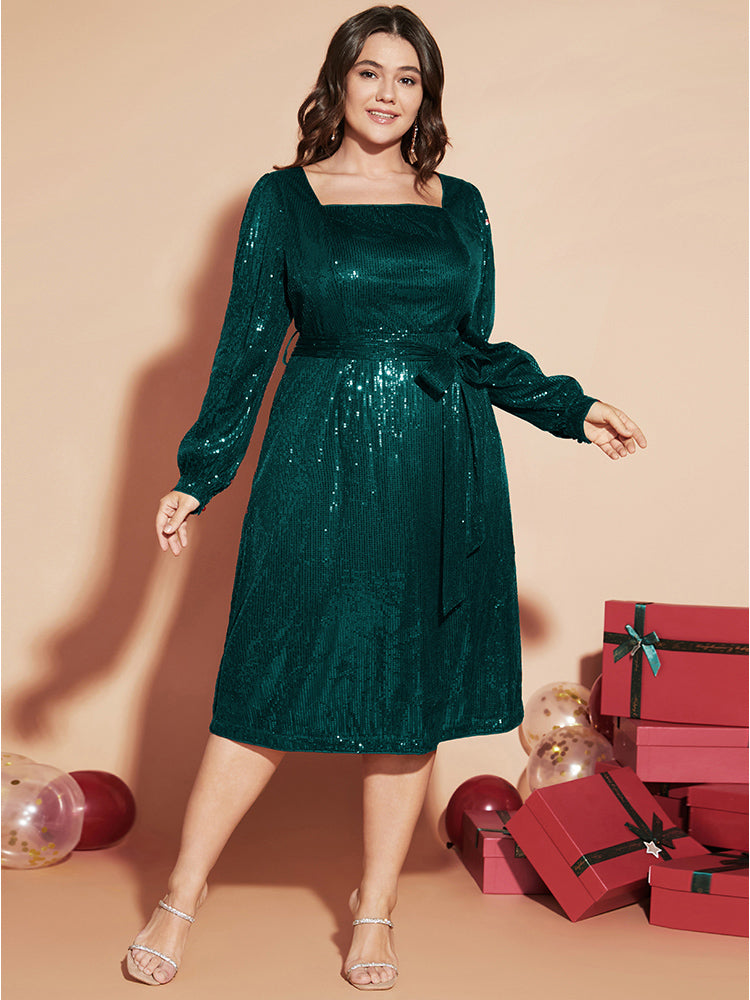 Solid Square Neck Lantern Sleeve Belted Sequin Dress