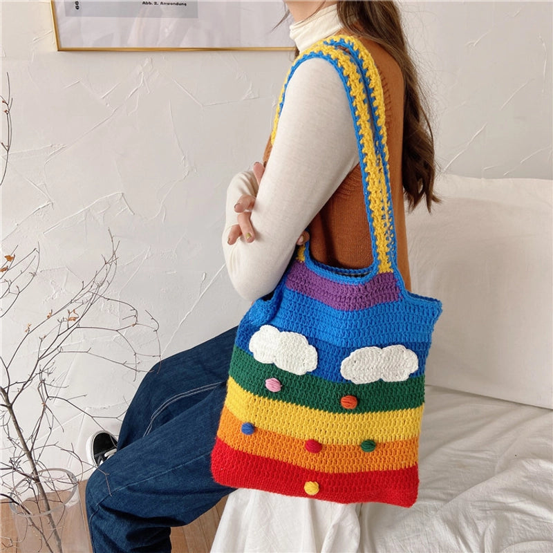 Women's Medium Fabric Clouds Rainbow Stripe Cute Square Open Shoulder Bag
