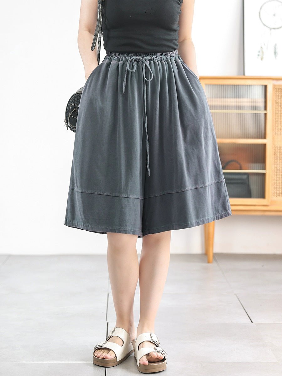 Women Summer Retro Pure Color Cotton Fifth Pants