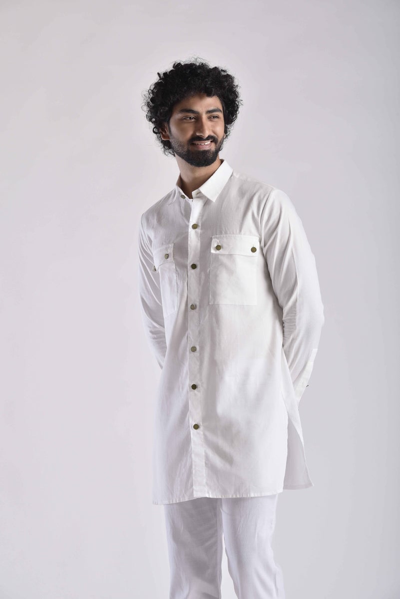 White Pashtooni Kurta Pant Set