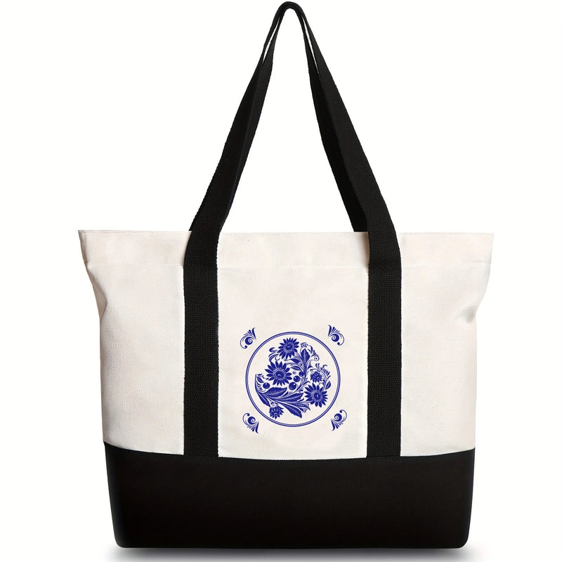 Women's Medium Canvas Letter Flower Classic Style Square Zipper Shoulder Bag