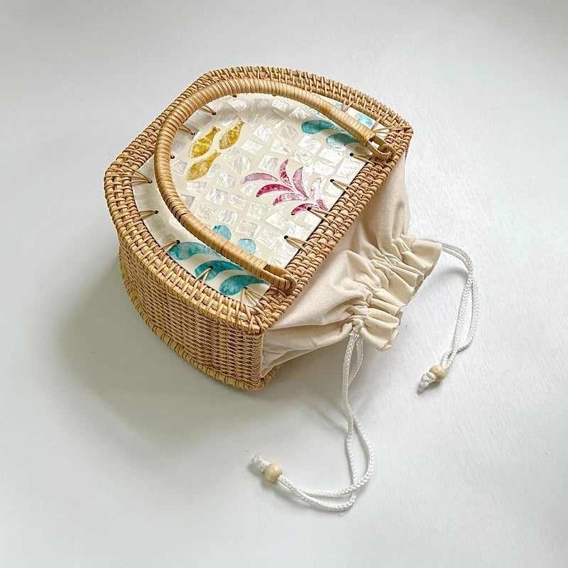 Women's Medium Straw Flower Vintage Style Beach Weave String Straw Bag