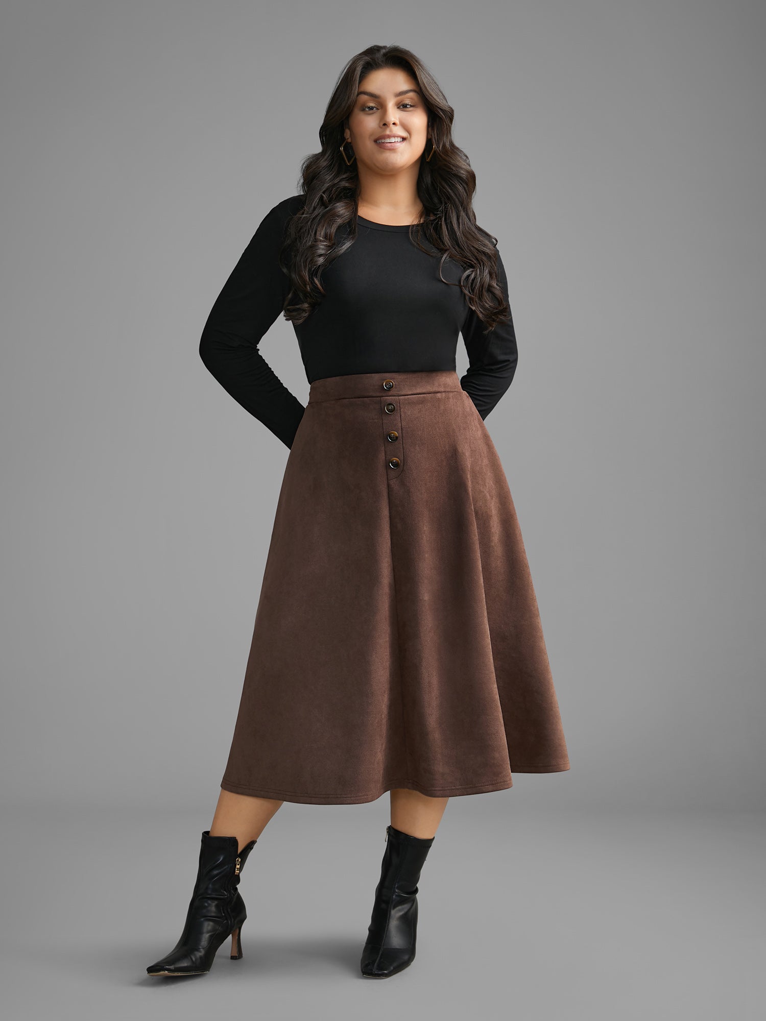 Faux Suede Button Detail Pocket Skirt