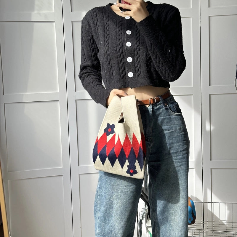 Women's Polyester Printing Color Block Cute Square Open Handbag