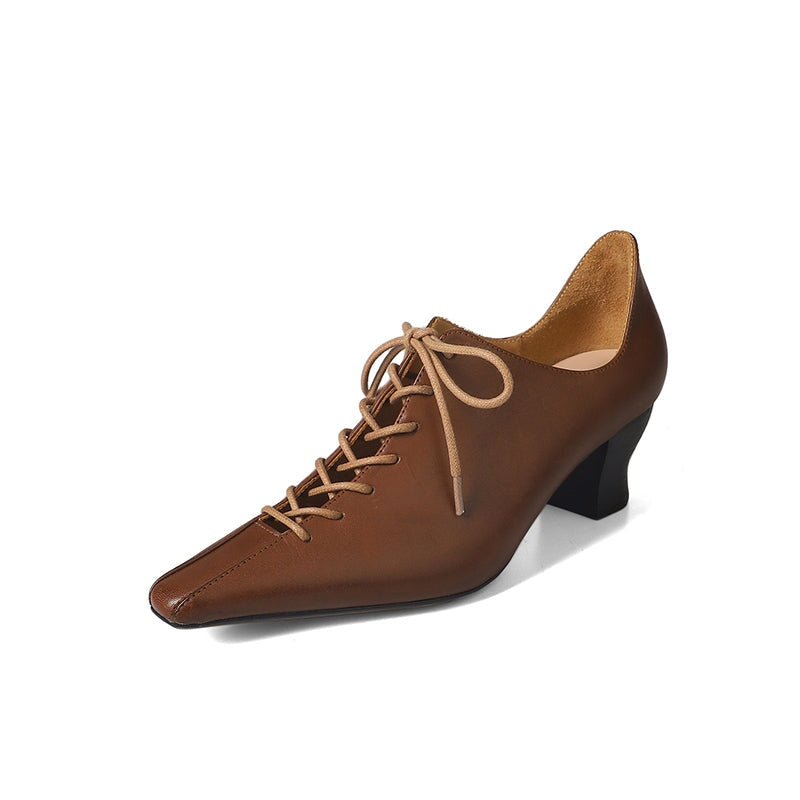 55mm Kitten Heel Cross Strap Horsehide Point Toe Oxford Tie Pumps in Beige/Black/Brown
