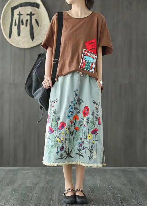 Boho Dark Blue Embroidered Tasseled A Line Summer Skirts Denim