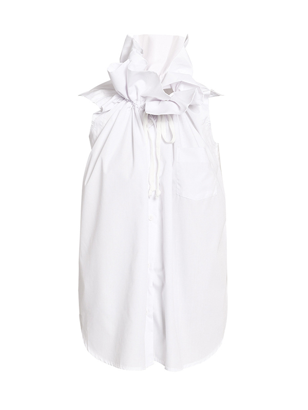 Loose Sleeveless Buttoned Drawstring Pleated Solid Color Stand Collar Vest Top