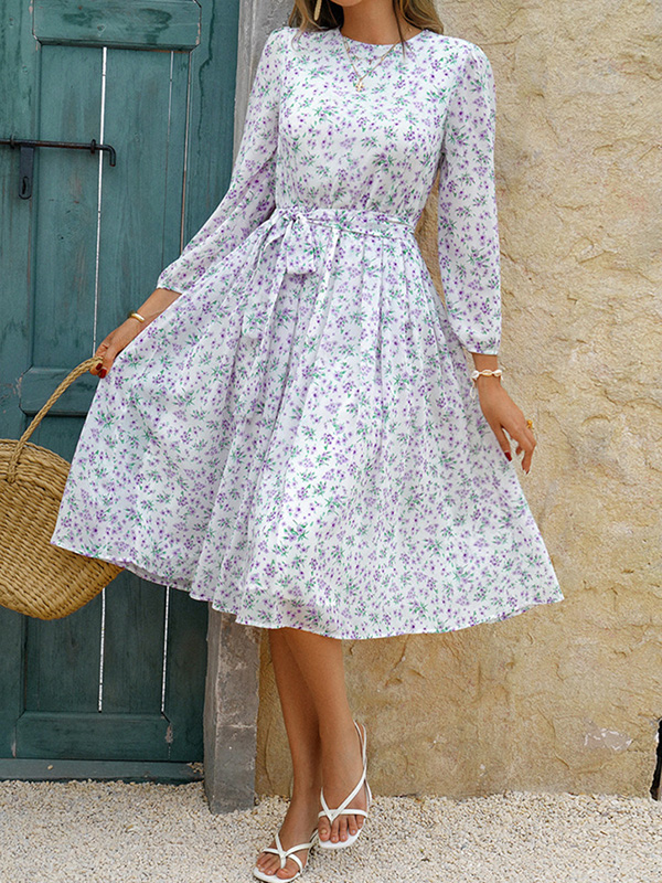 A-Line High Waisted Flower Print Tied Waist Round-Neck Midi Dresses