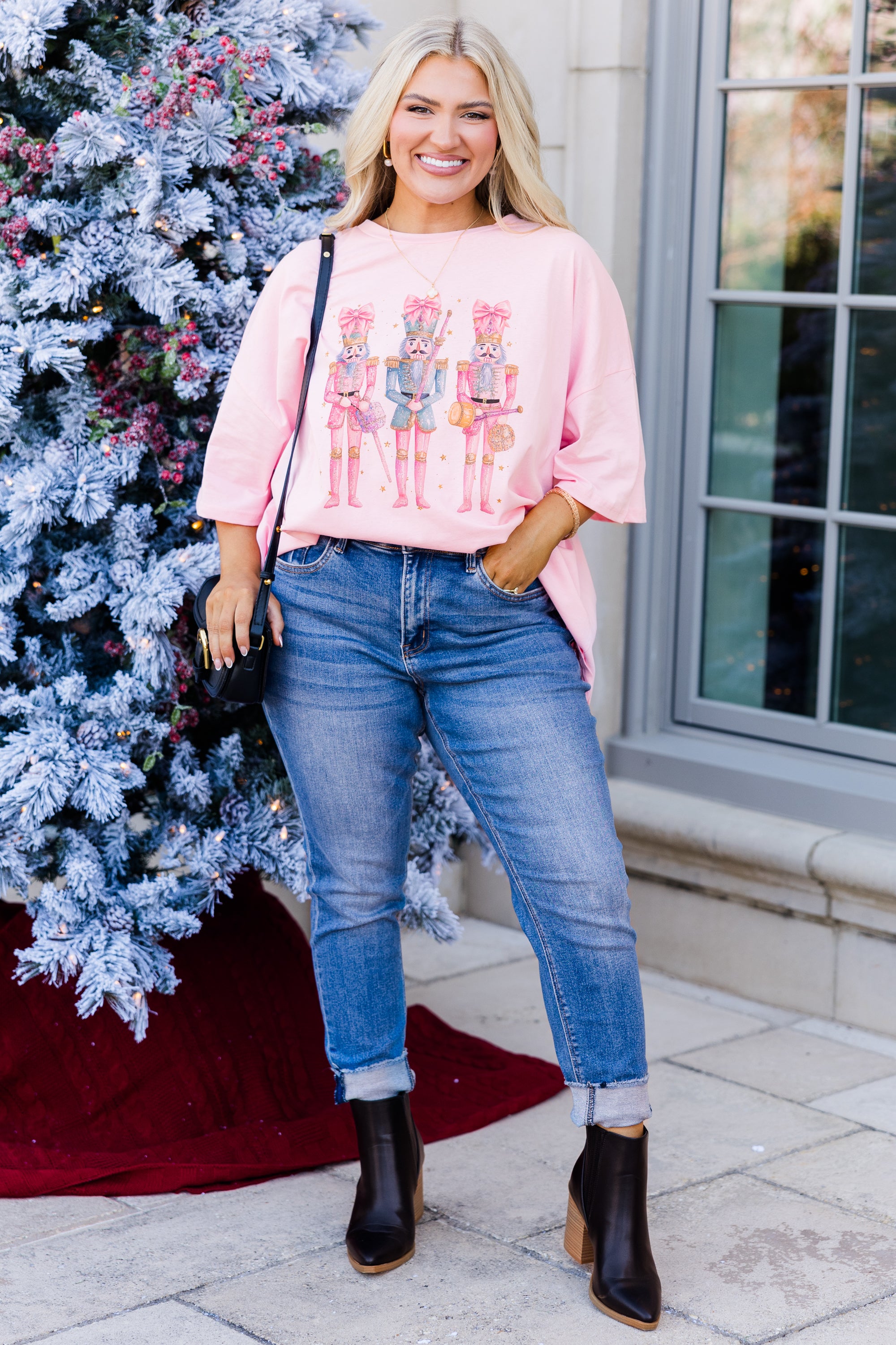 Nutcracker Christmas Boyfriend Tee. Dusty Pink