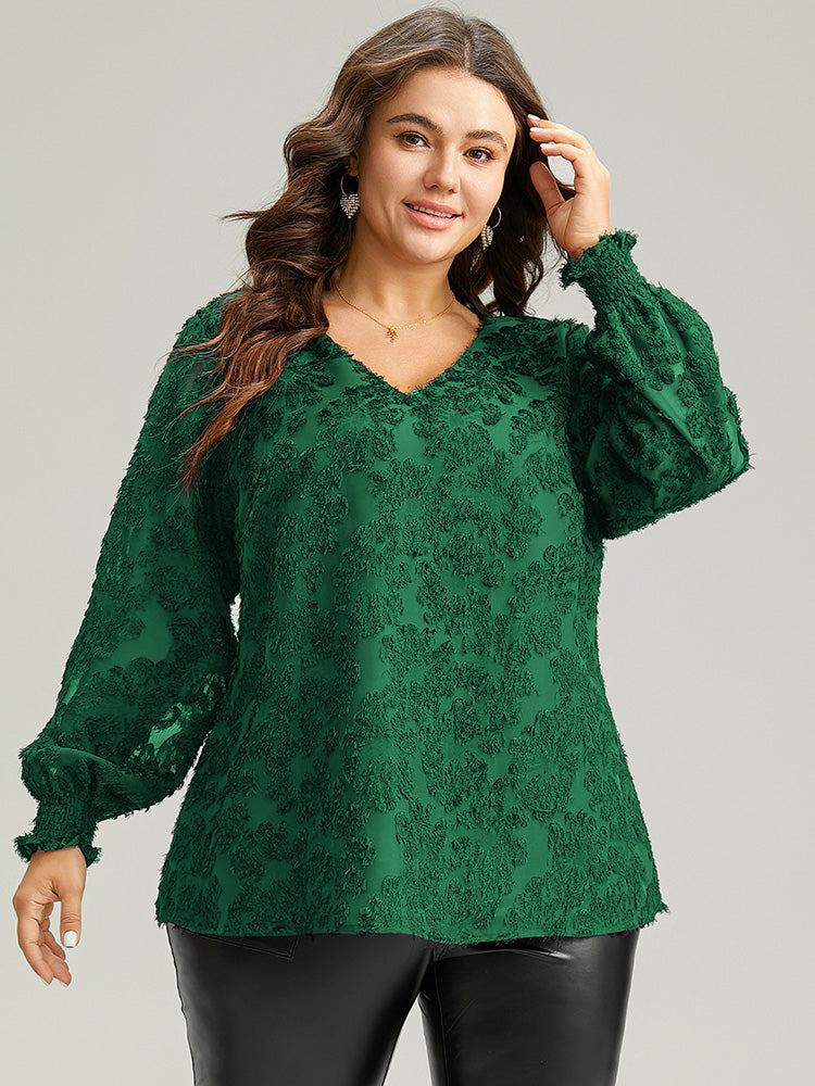 Plain Appliques Mesh V Neck Shirred Blouse