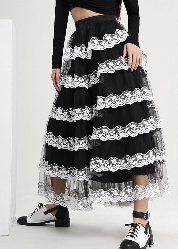 Boho Black Ruffled Patchwork Tulle Skirt Spring