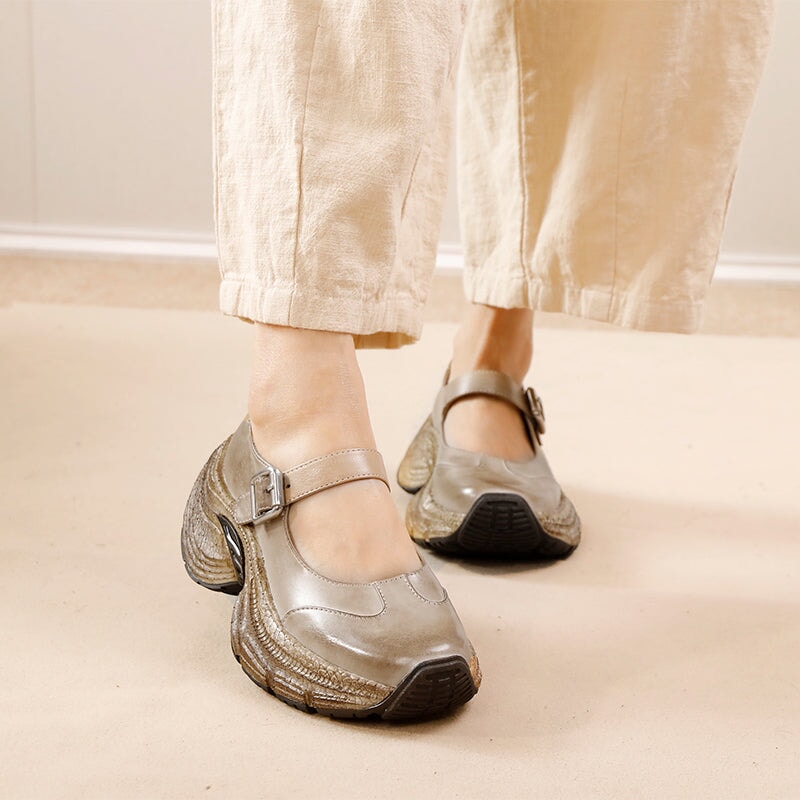 Chunky Platform Water Washed Cow Leather Mary Jane Shoes with Buckle Strap in Light Grey/Pink Purple