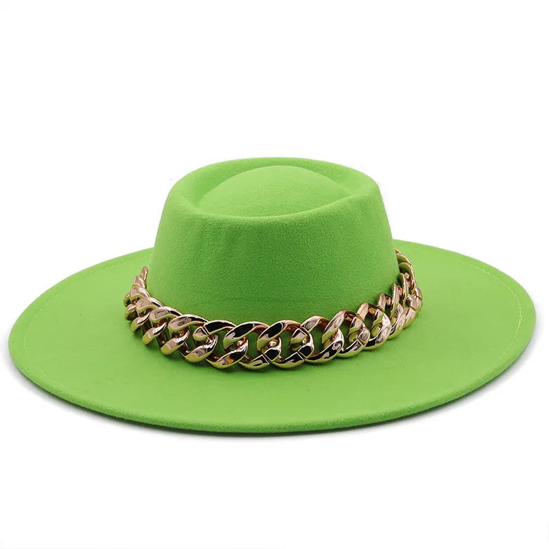 New Retro Ethnic Style 9.5 Brim Wool Woolen Felt Hat Concave Top Men's And Women's Top Hat Large Brim Thick Gold Chain Hat