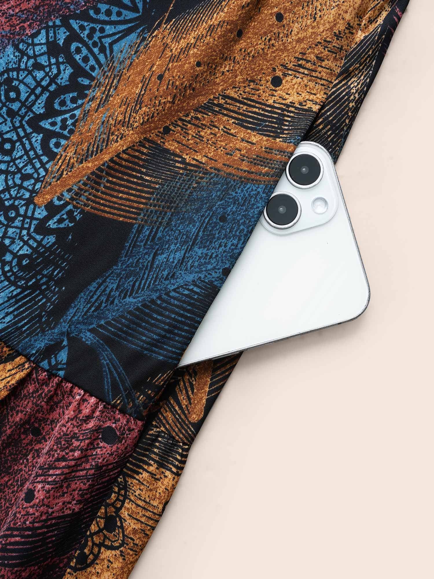 Feather Print Shirred Lantern Sleeve Dress