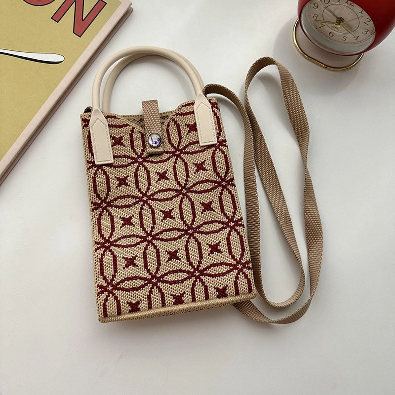 Unisex Small Knit Stripe Heart Shape Basic Vintage Style Weave Square Lock Clasp Phone Wallets