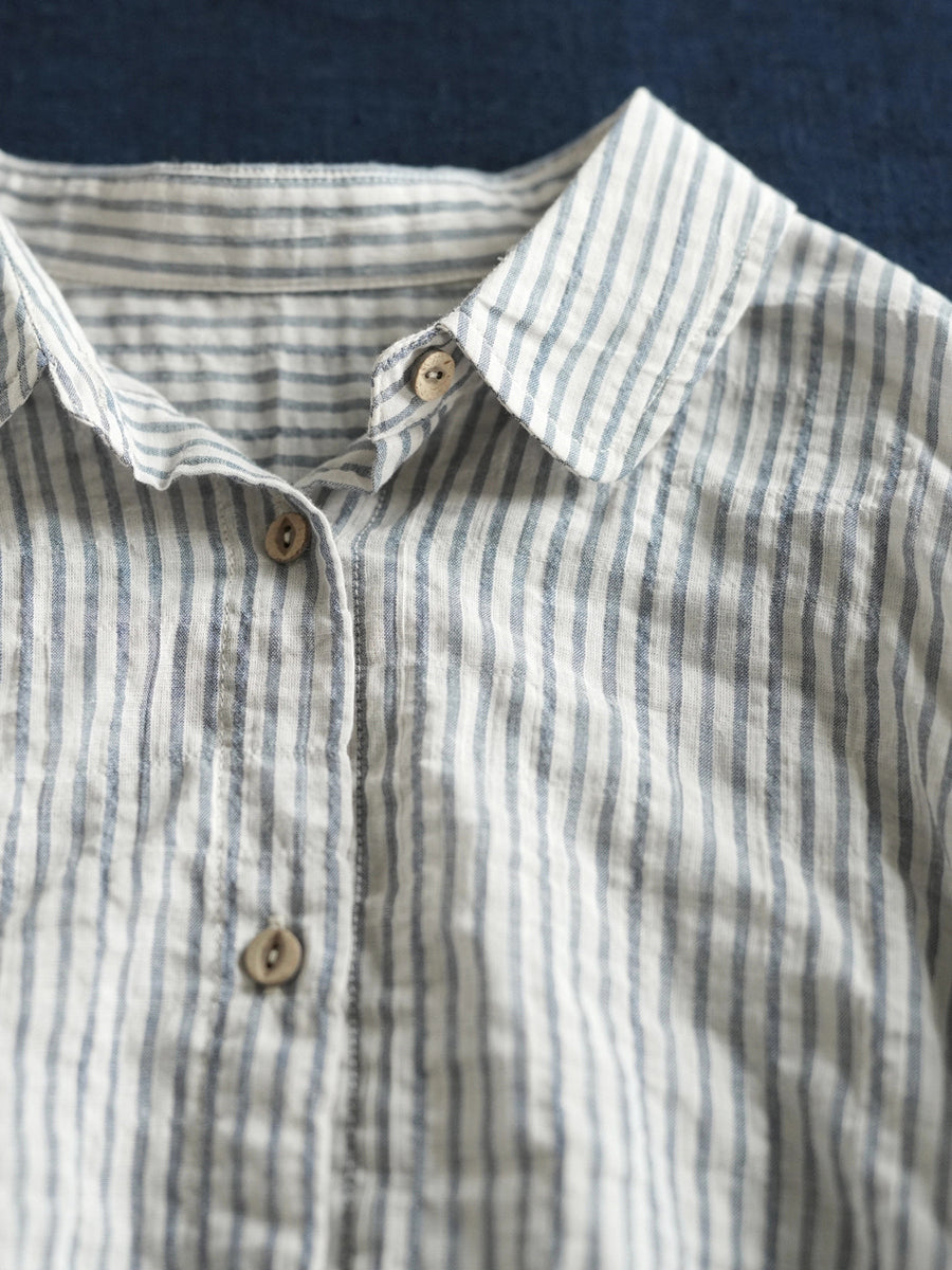 Women Summer Retro Stripe Turn-down Collar Cotton Shirt