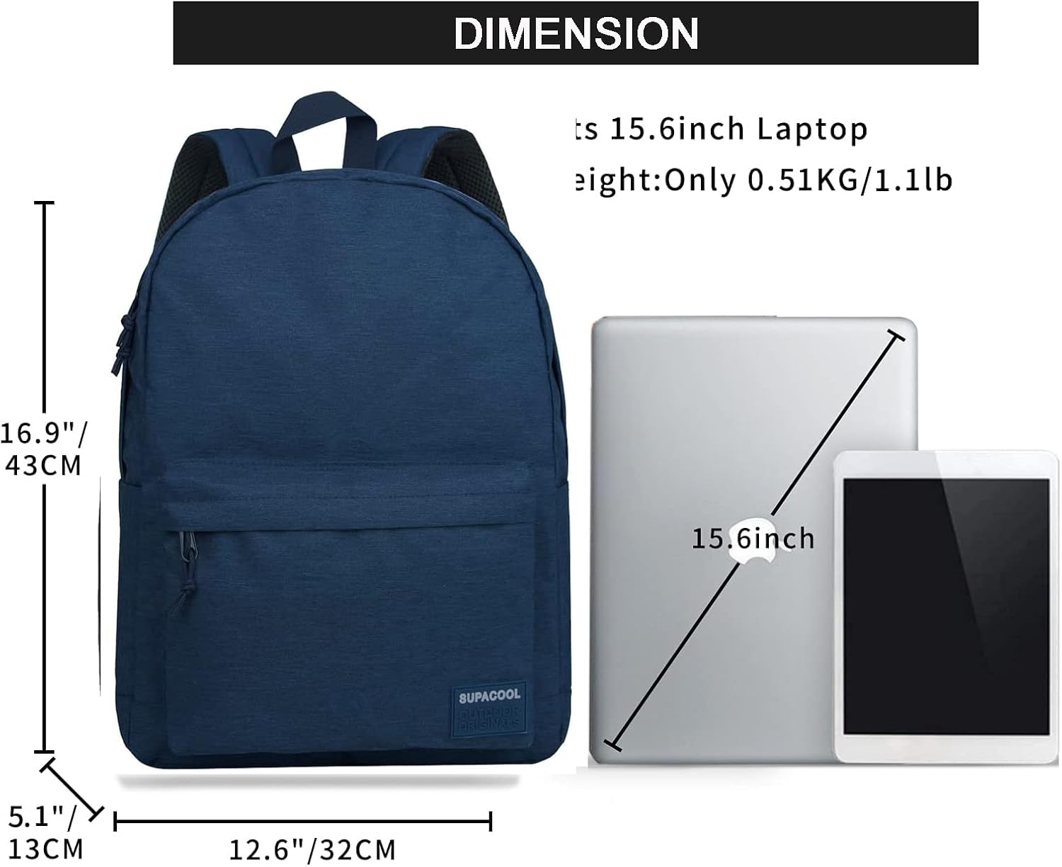 SUPACOOL Casual Laptop Backpack for Men and Women, School Backpack for Boys and Girls, College Bookbag, USB Charging Port, Lightweight Back Pack(Black)