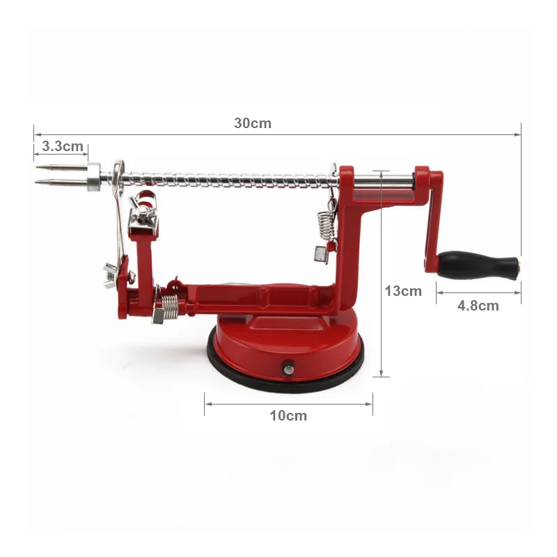 HAND CRANKED 3-IN-1 STAINLESS STEEL FRUIT PEELER. EASY TO USE AND REMOVE PITS