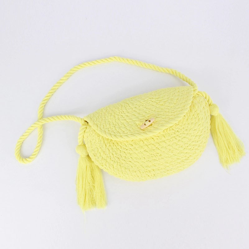Women's Small Cotton Solid Color Basic Classic Style Tassel Weave Dumpling Shape Lock Clasp Crossbody Bag