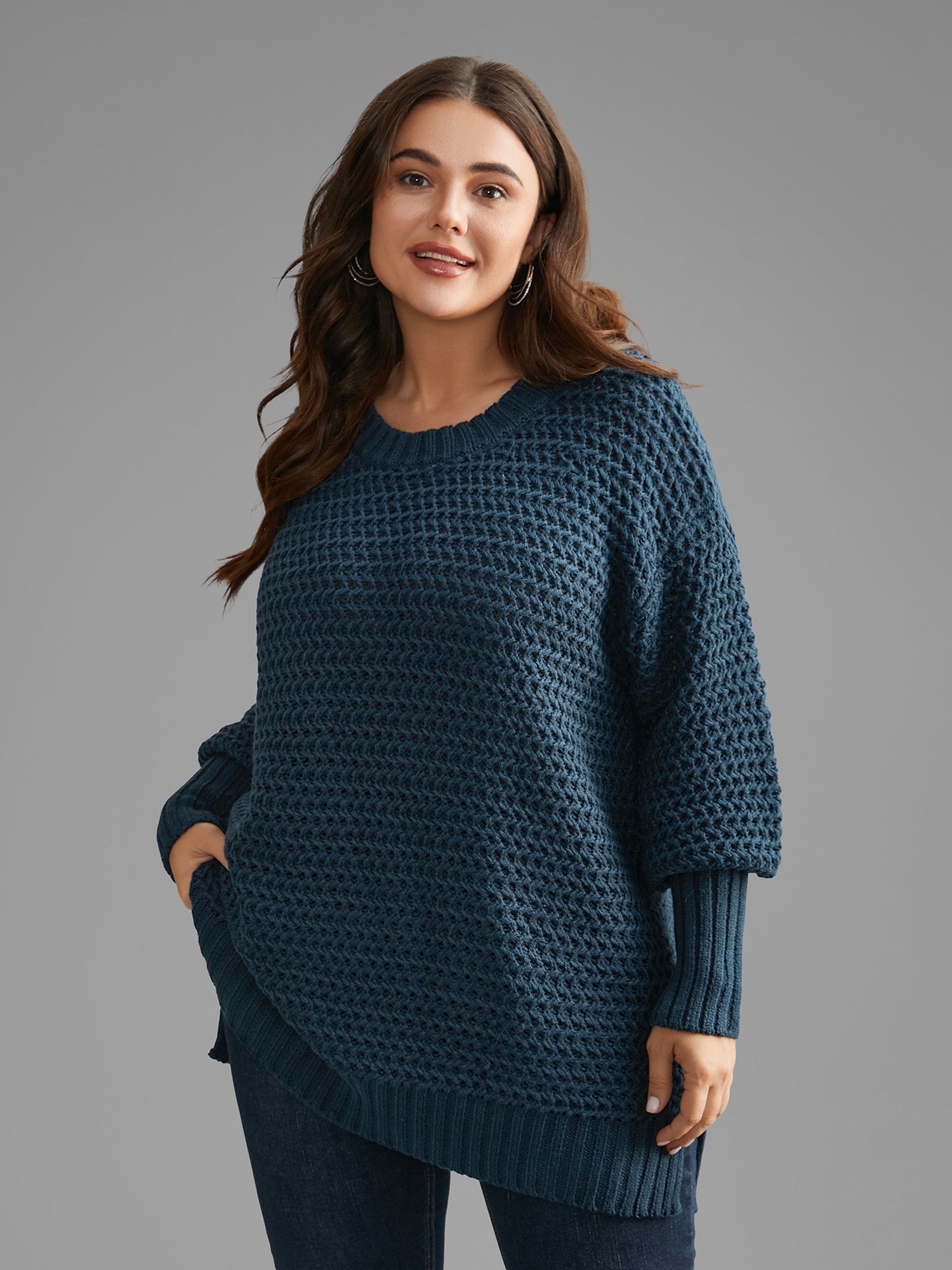 Texture Drop Shoulder Split Hem Pullover