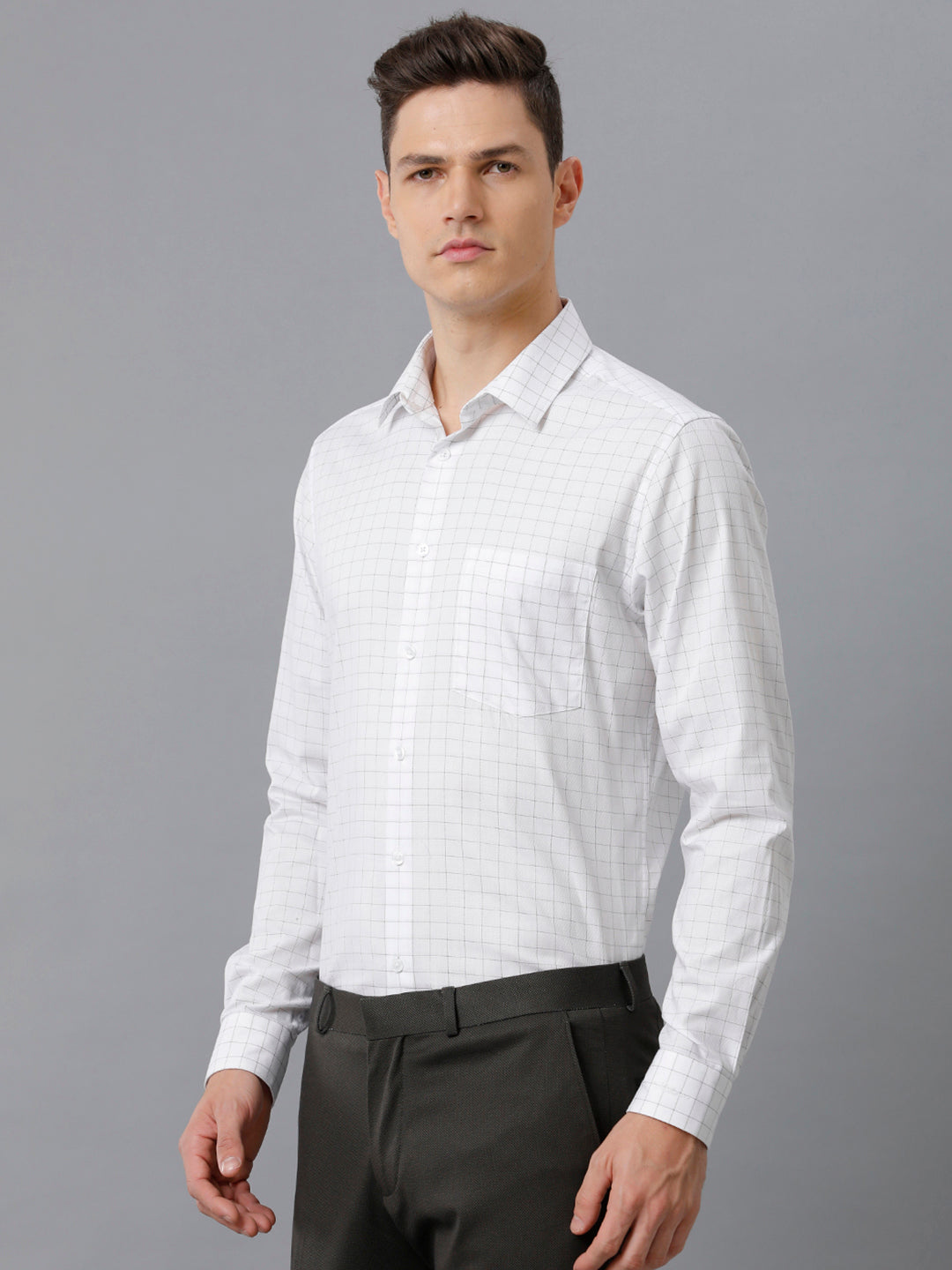 Mens Slim Fit White/Olive Green Check Formal Cotton Shirt (FOCEK)