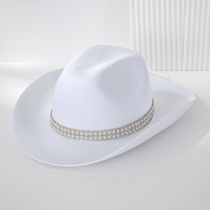 Explosions Solid Color Double Row Pearl Decorated Rhinestone Cowboy Hat. Bosnian Style Party Wear