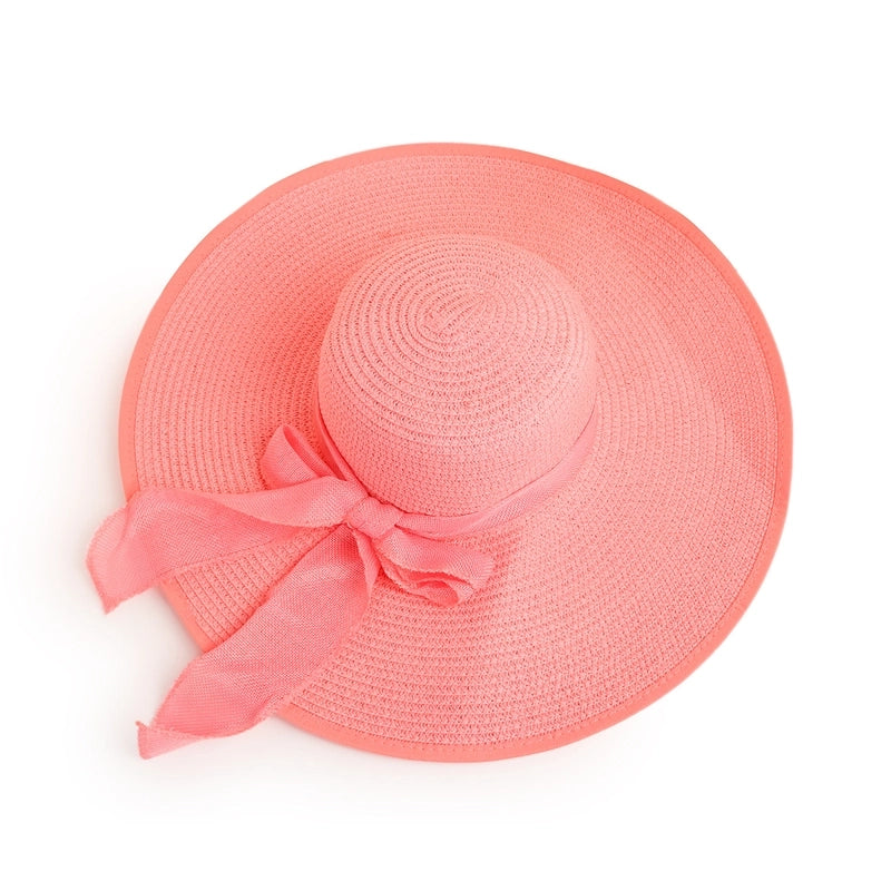 Fashion Solid Color Big Eaves Sunshadebowknot Straw Hat