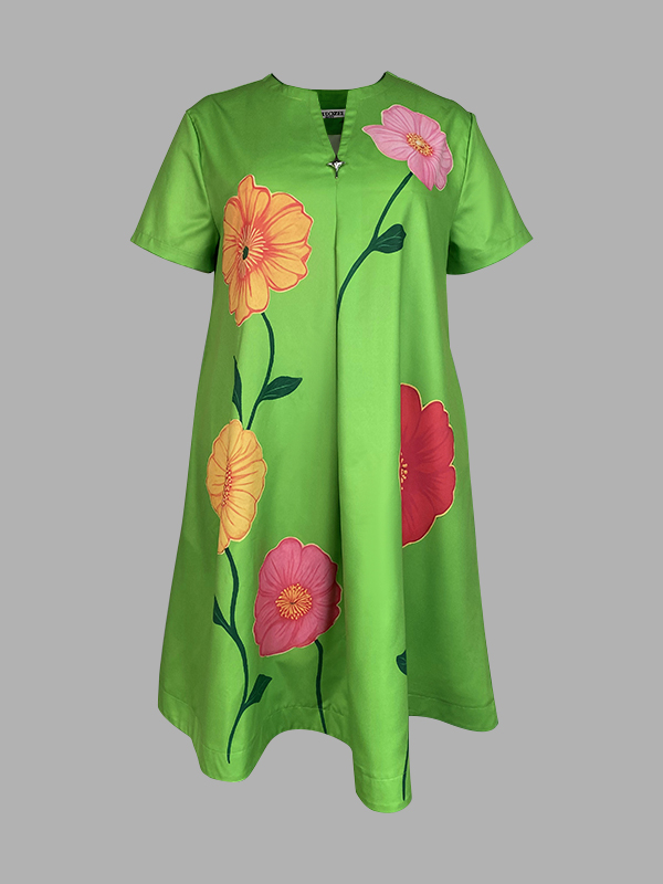 A-Line Loose Flower Print V-Neck Midi Dresses