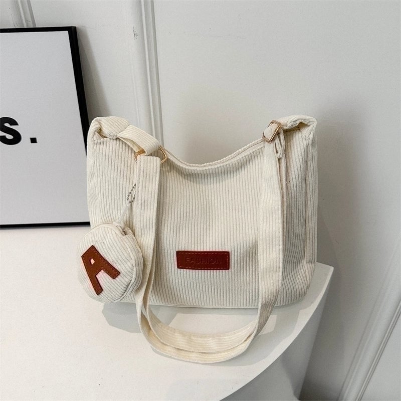 Women's Corduroy Solid Color Classic Style Square Zipper Shoulder Bag