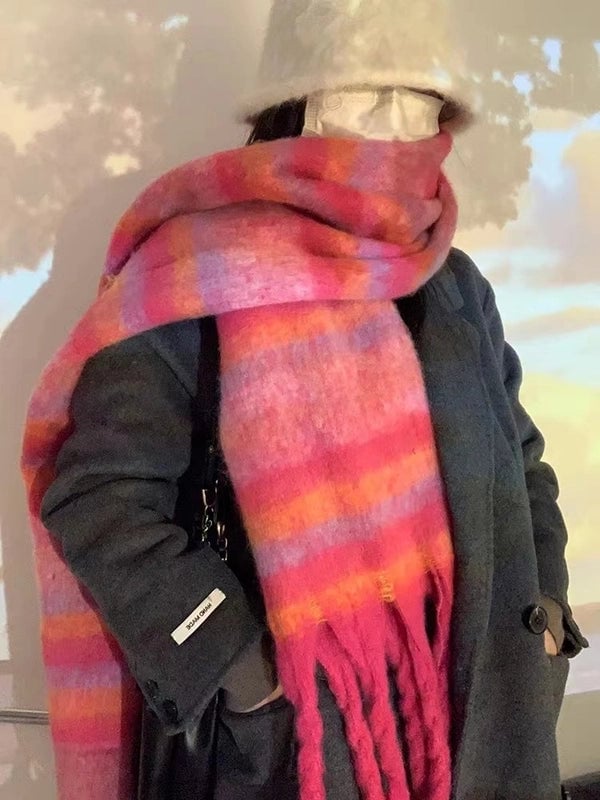 Plaid Tassel Mohair Scarf Women's Spring Students Travel Fashionable Sticker Casual Scarf