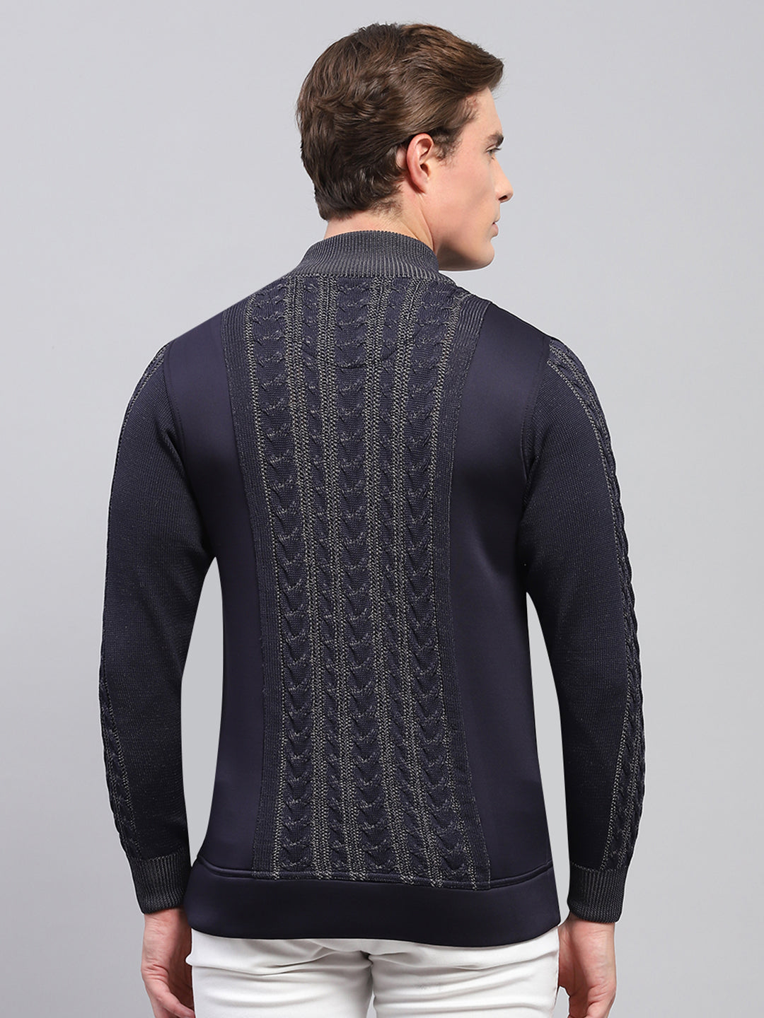 Men Navy Blue Self Design Mock Neck Full Sleeve Pullover