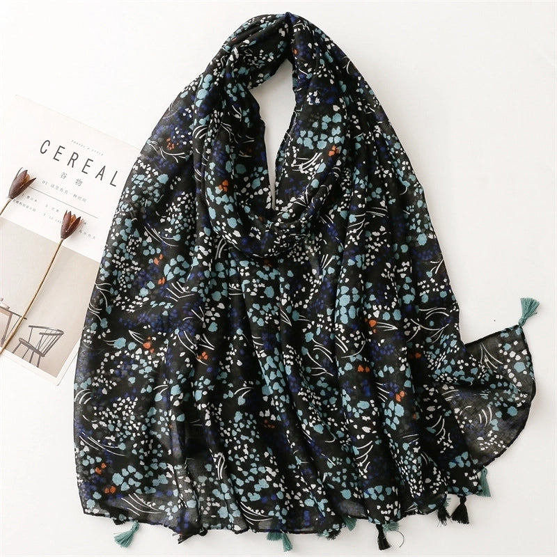 Yarn Cotton Fruit Green Bright Yellow Leaf Printing Tassel Scarf Shawl