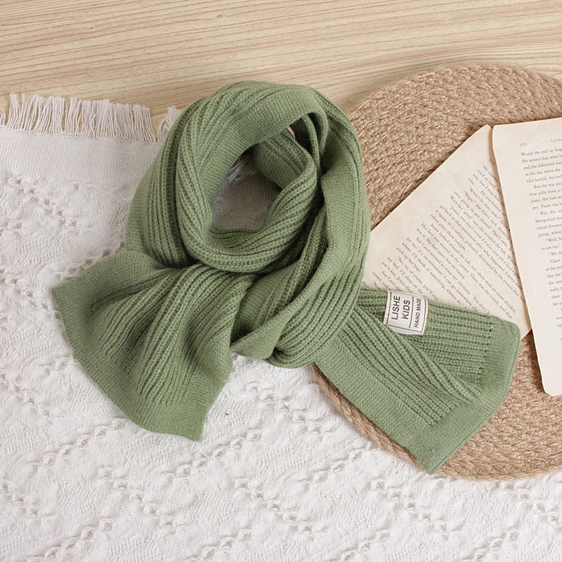 Style Solid Color Vertical Strip Large Label Children's Knitted Scarf Winter New Baby Warm Wool Scarf