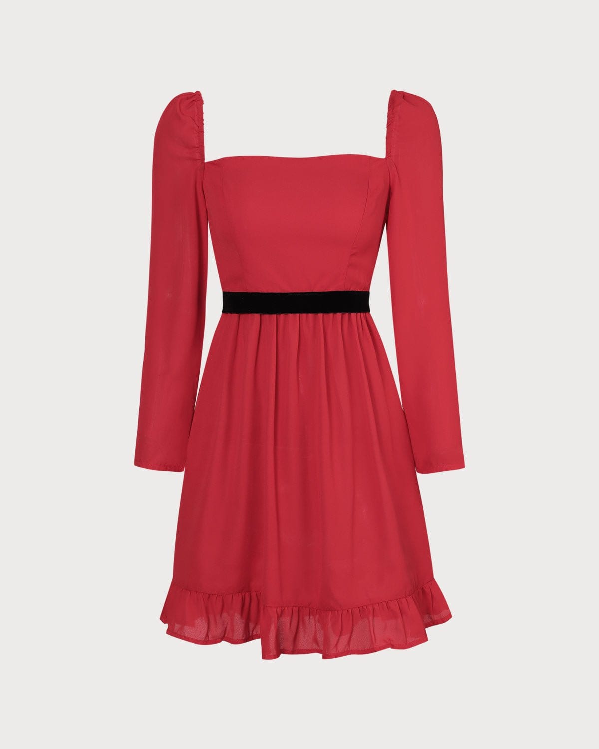 The Red Square Neck Flounce Long Sleeve Mini Dress