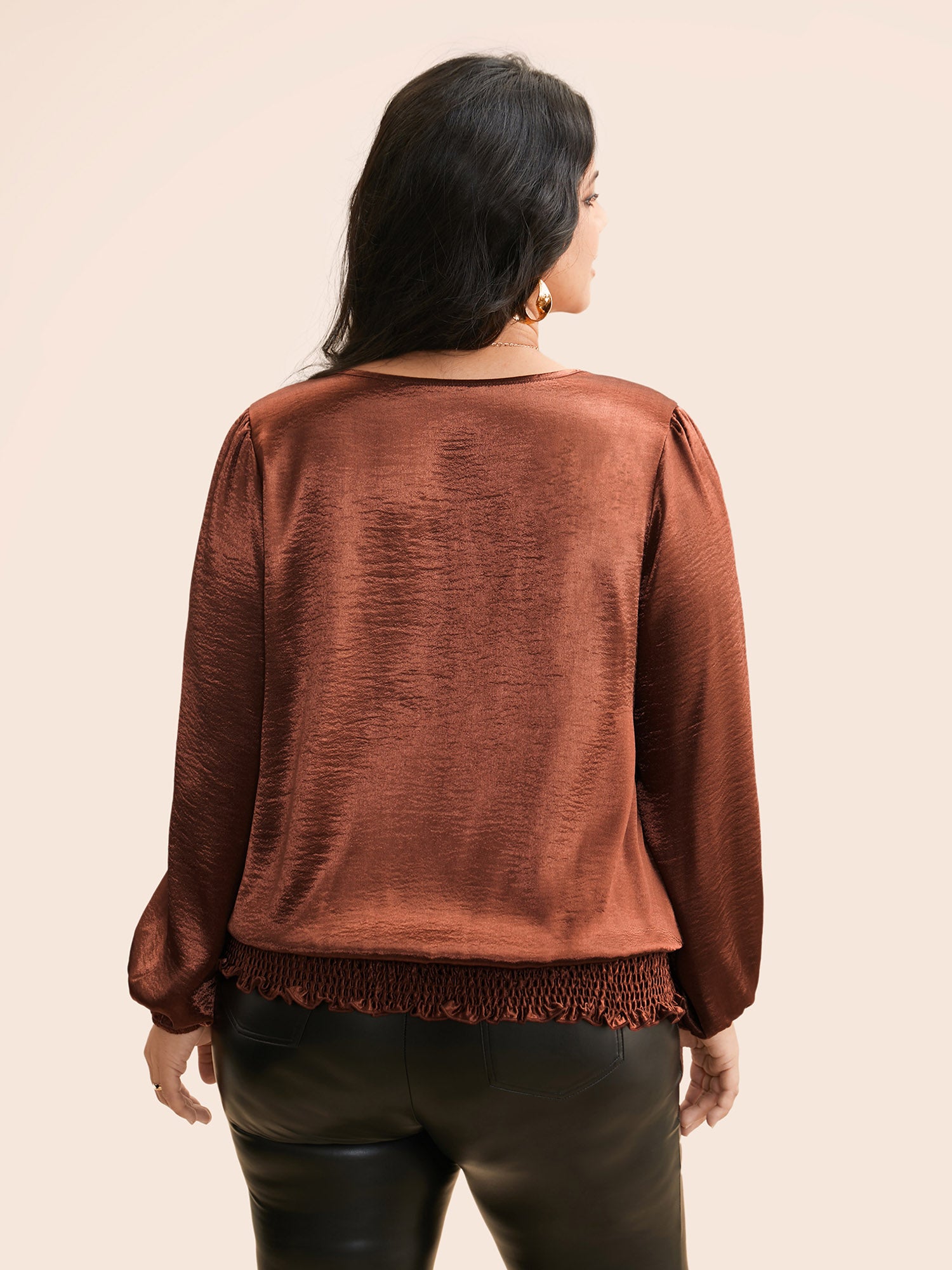 Overlap Collar Shirred Lace Trim Blouse