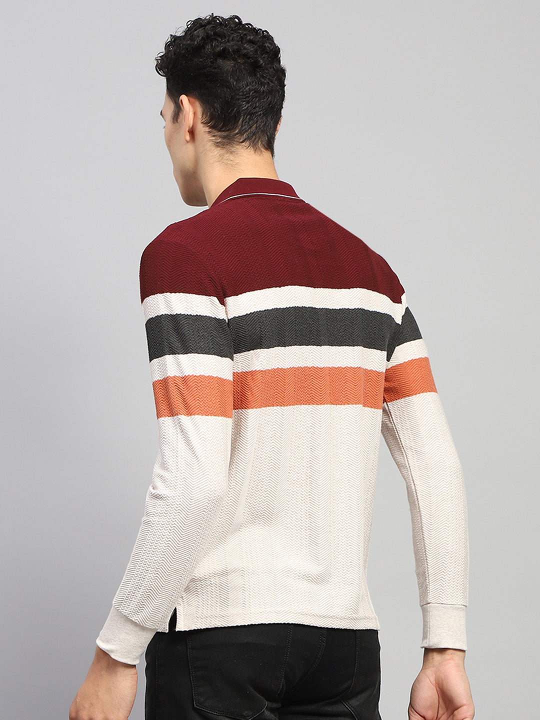 Men Maroo & White Stripe Collar Full Sleeve Winter T-Shirt